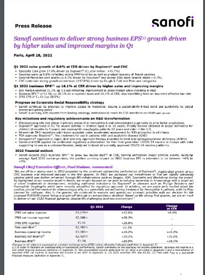 Communiqué de pressse Sanofi avril 2022